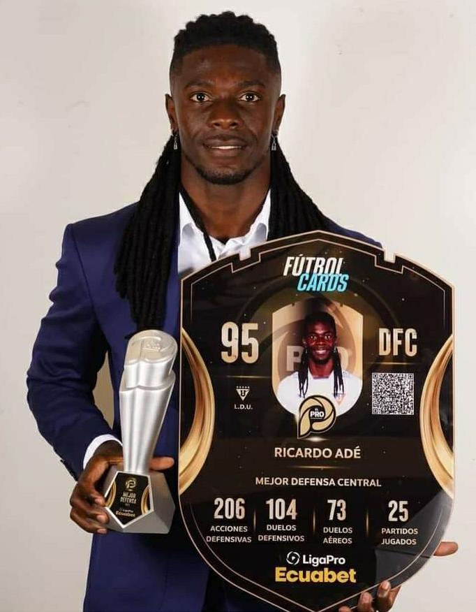 Sans surprise, le Saint-Marquois Ricardo Adé élu meilleur défenseur du championnat équatorien pour la saison 2023 !