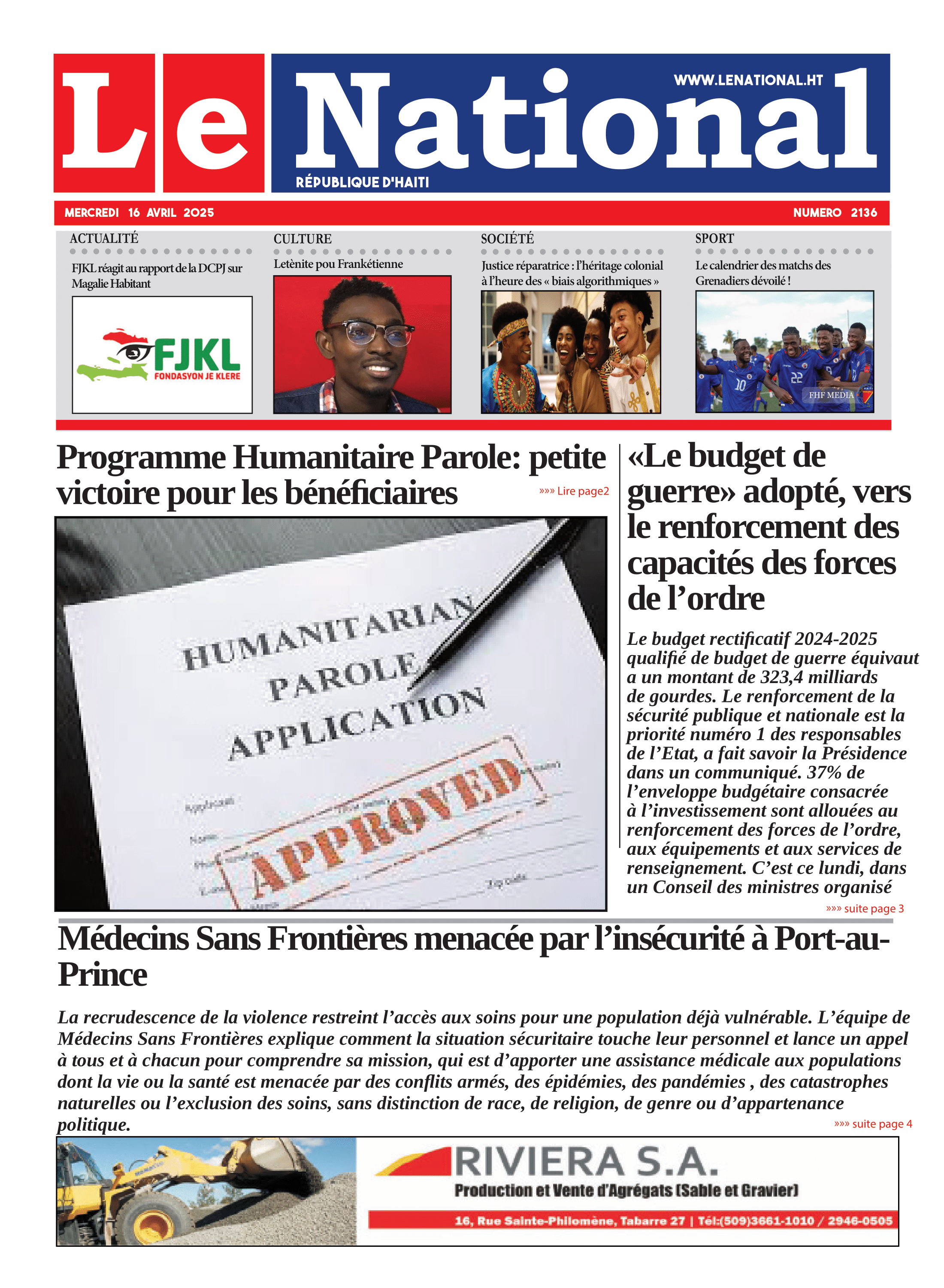 Page 1 de l'édition 2136