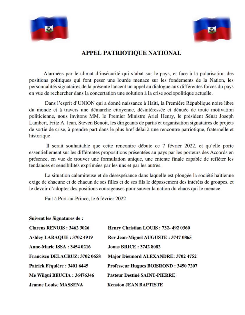 HAÏTI / CRISE   Des personnalités politiques et de la société civile appellent à un dialogue franc