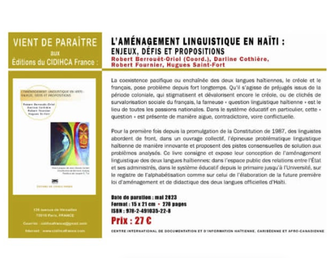 Réédition, en France, du livre collectif de référence «L’Aménagement linguistique  en  Haïti : enjeux, défis  et  propositions»