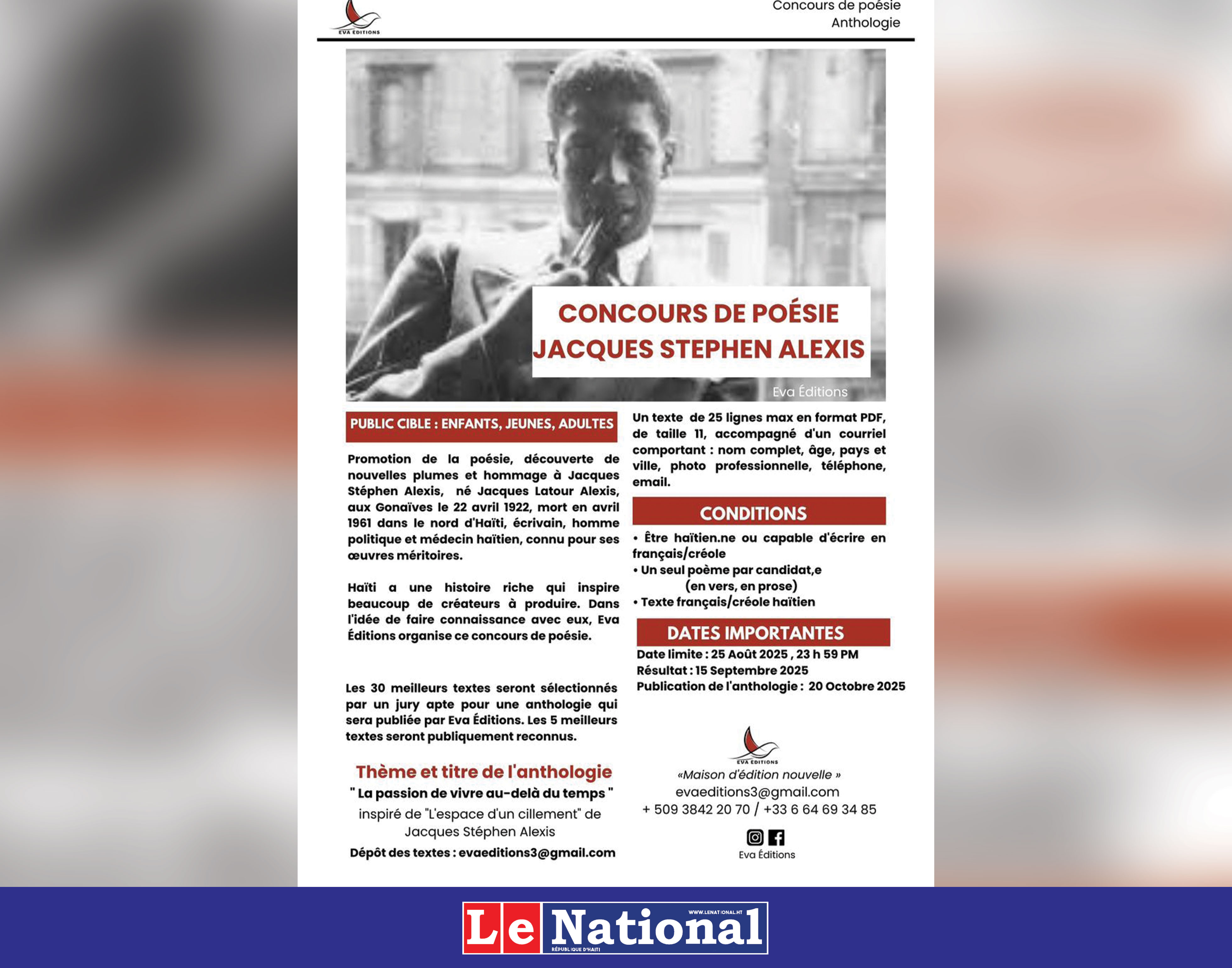 Éva Éditions  lance son concours de poésie pour honorer l’œuvre  de Jacques Stephen Alexis