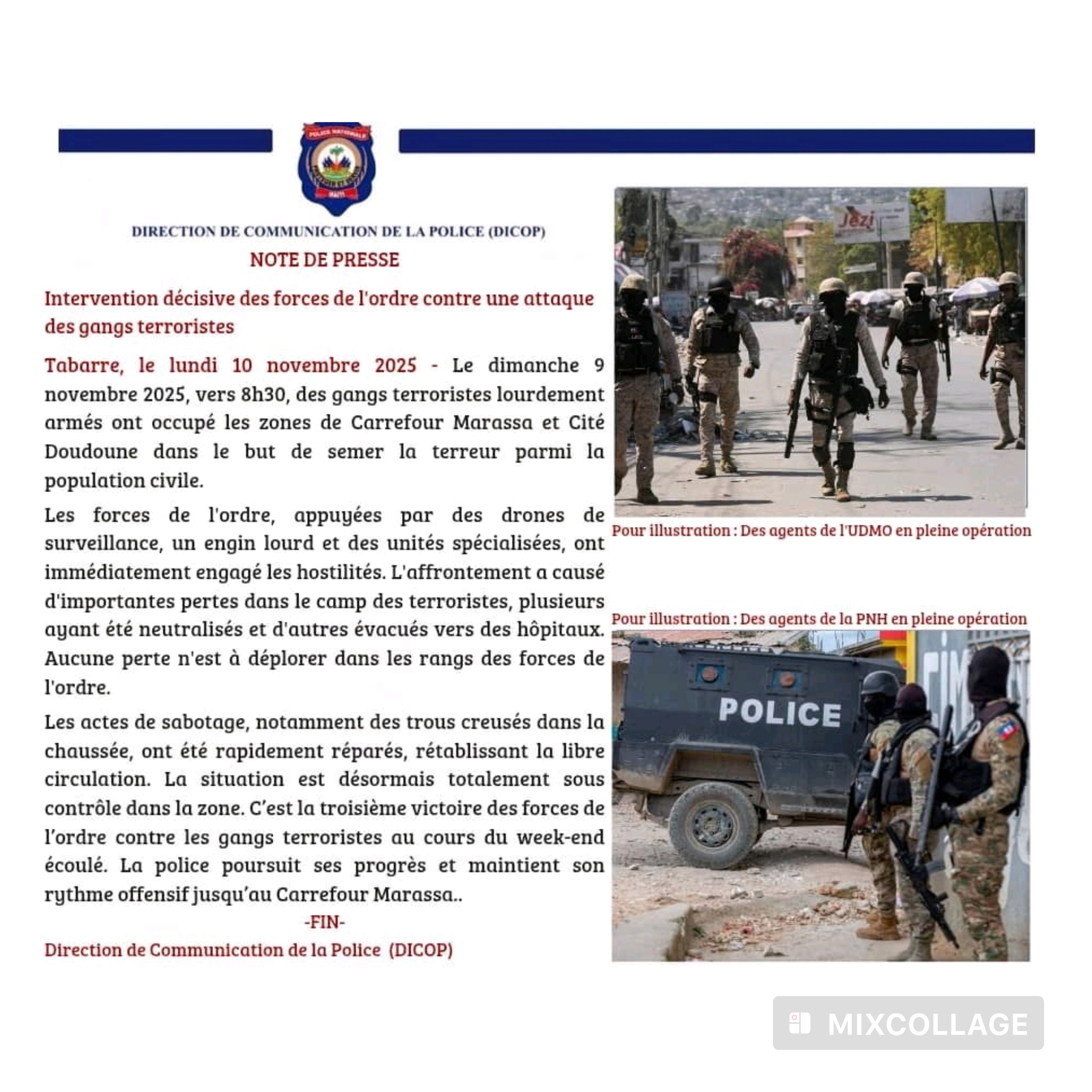 Haïti : la police assure le rétablissement de l’ordre à Carrefour Marassa et Tabarre