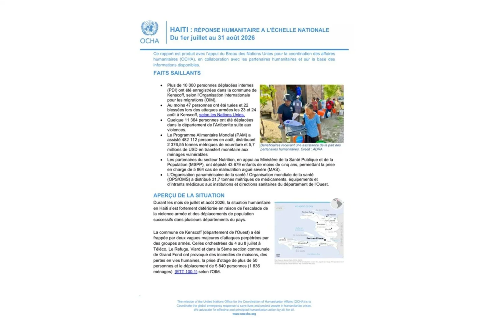 OCHA alerte sur la dégradation de la situation humanitaire en Haïti