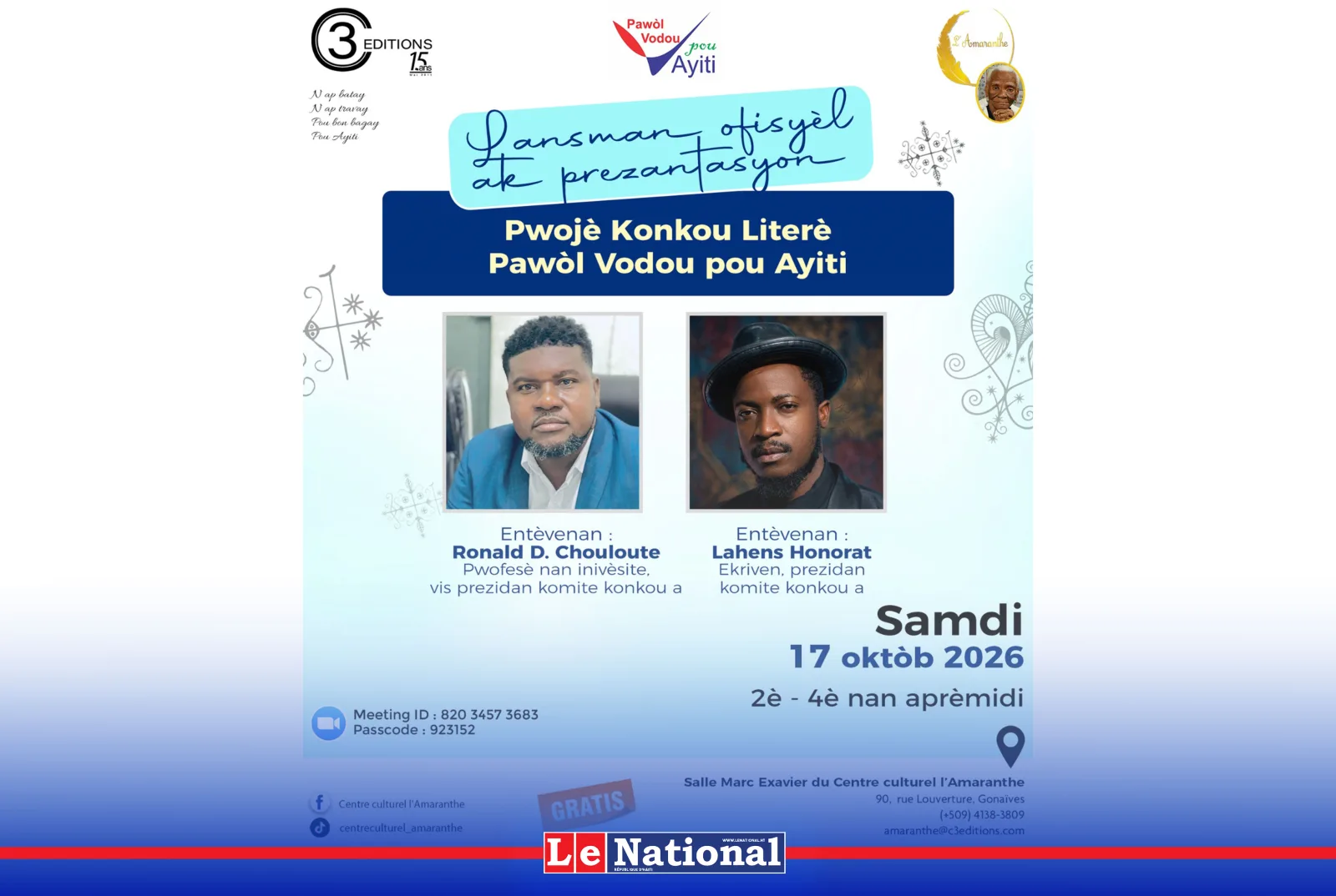 Gonaïves : Sant kiltirèl Amaranthe ak Tradizyin Vodou Byenfezans lanse pwojè koukou literè « Pawòl Vodou pou Ayiti »